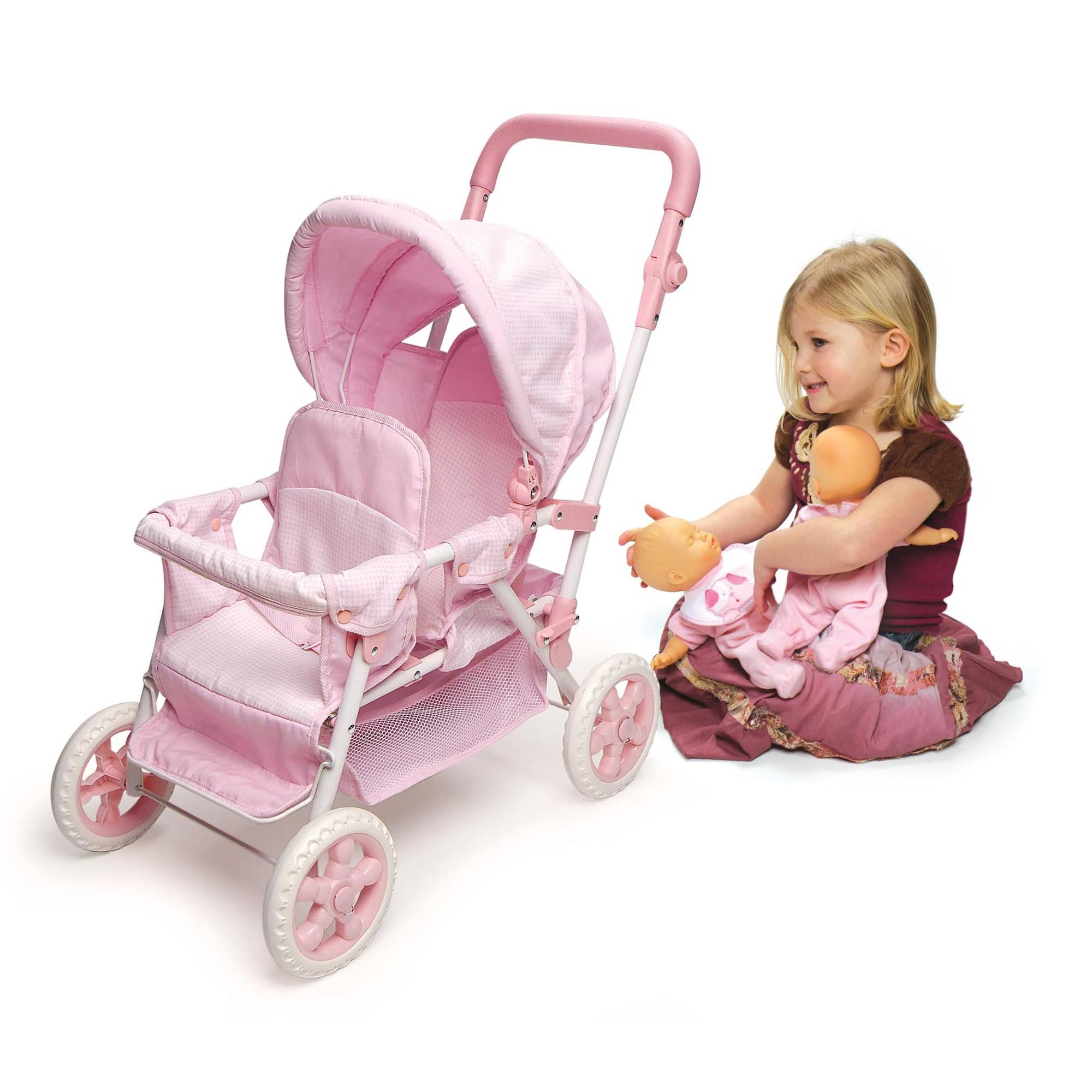 Badger Basket Pink Gingham Folding Double Front-to-Back Doll Stroller